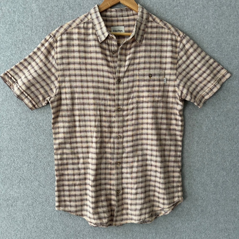 Rhythm Button Down Shirt Mens Large Brown Plaid Short Sleeve Cotton Casual